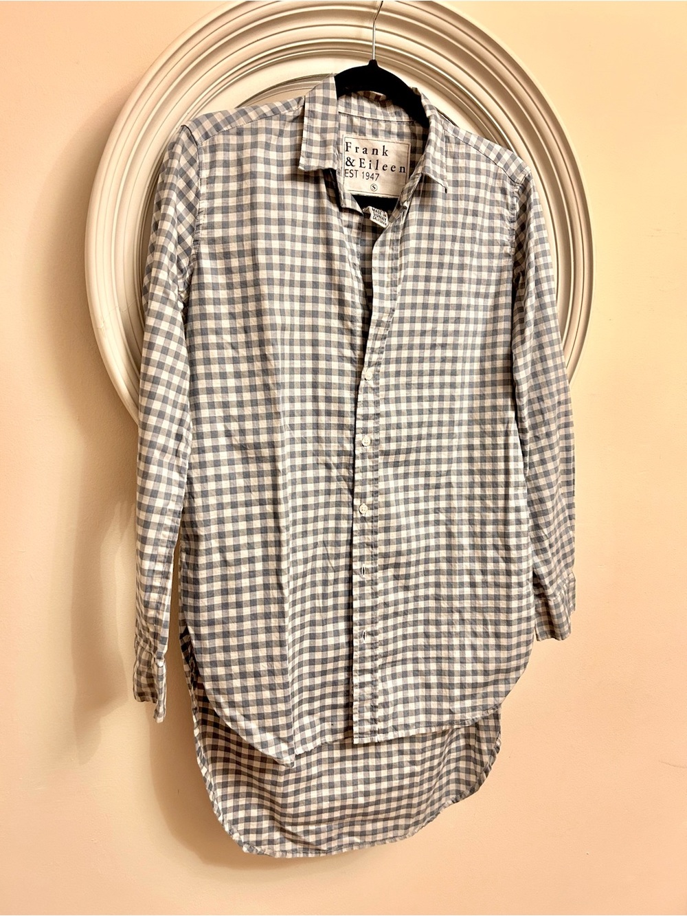 Frank & Eileen Grayson Blue and White Gingham Check High Low Button-Down Shirt